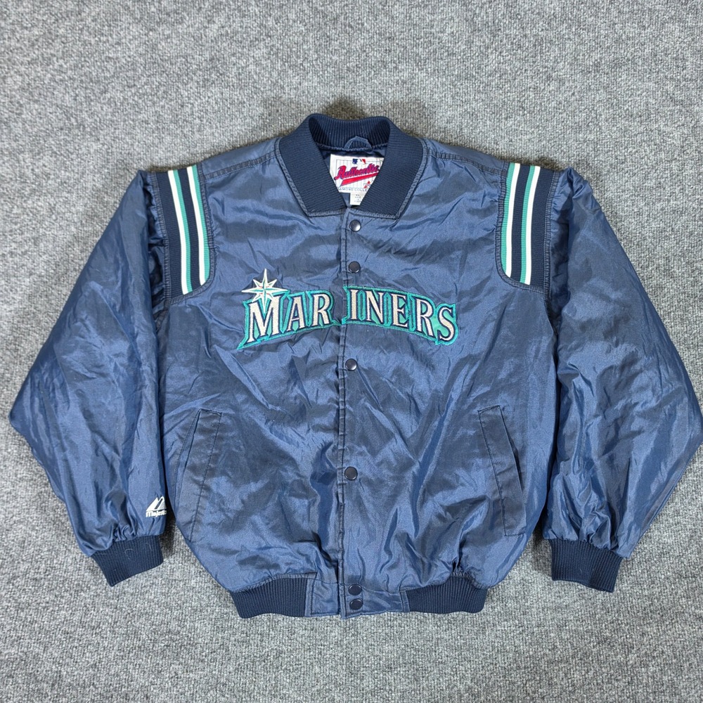 VTG Majestic Seattle Mariners MLB Varsity Jacket Youth XL Navy Blue Diamond Coll